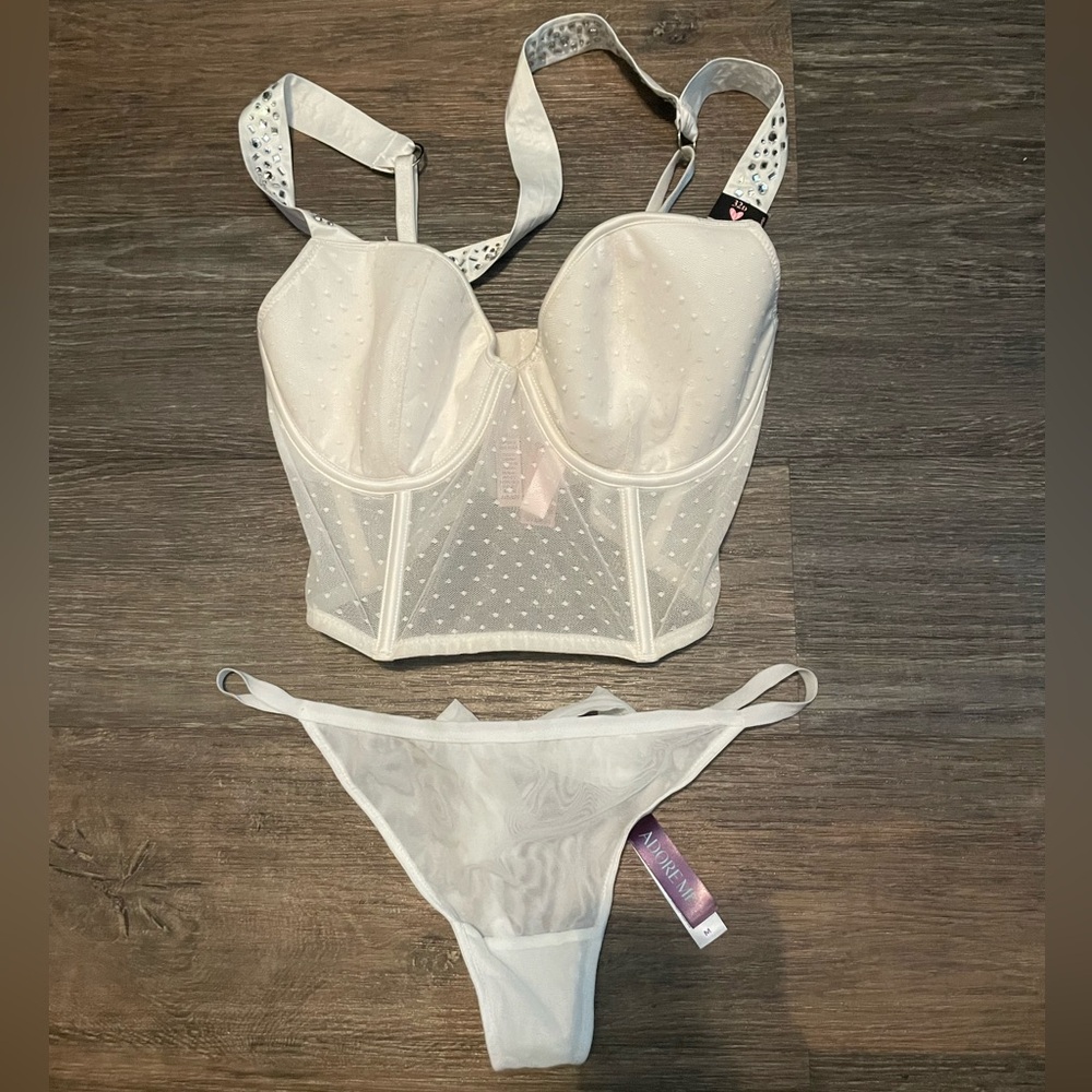 Victoria's Secret White Bustier and Adore Me Bridal Thong Panty Set 32D Medium